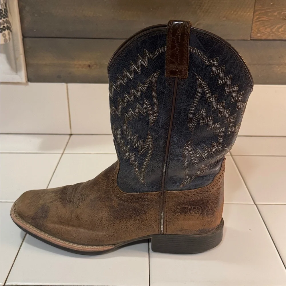 Ariat Kids Leather Square Tod Pull On Cowboy Western Boots Blue Brown Youth 4